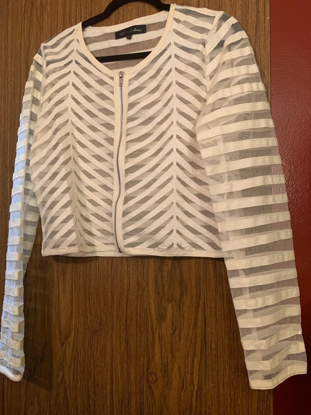 White Mesh Stripe Zip-Front Cropped Jacket